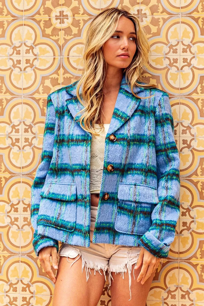 Just BE. BiBi Blue Brushed Vintage Plaid Jacket – Just Be 72