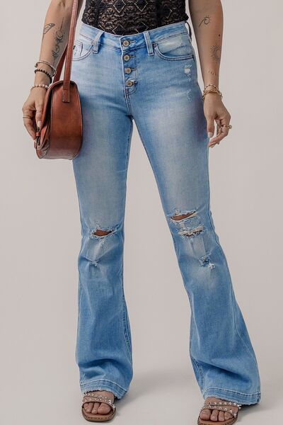 Just BE. SYN Button-Fly Distressed Flare Jeans