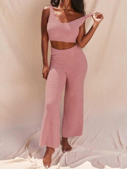 Just BE. V-Neck  Teddie Tank and Pants Set